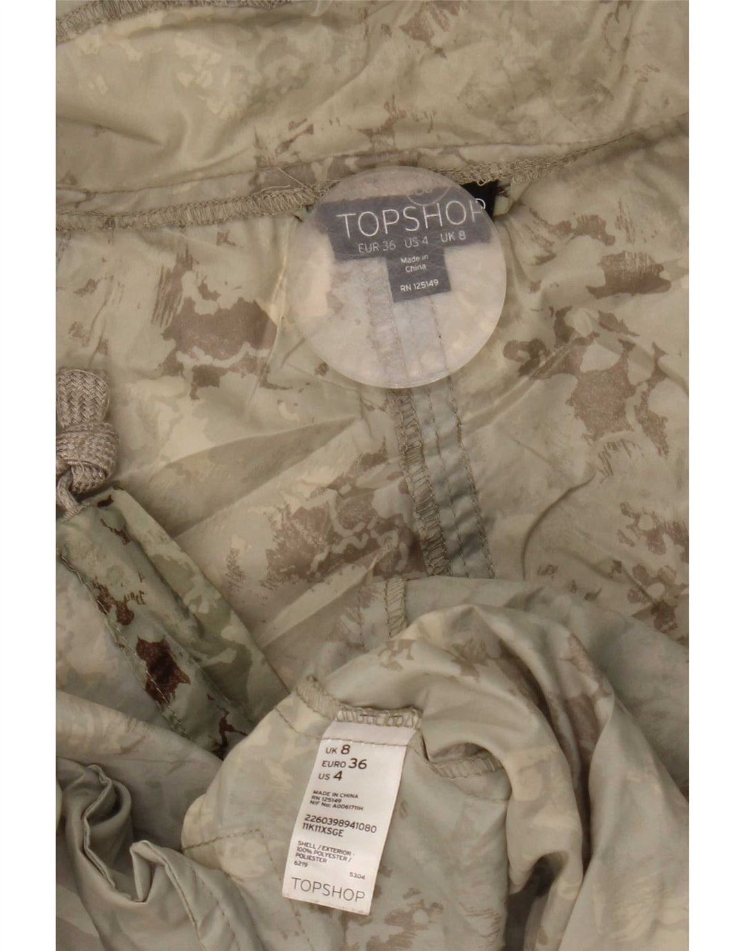 Topshop Damen-Parka mit Kapuze, Gr. 8, Größe S, grünes Camouflage-Polyester