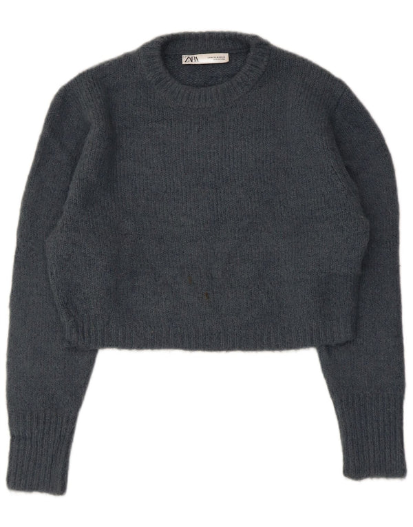 Zara Damen Crop Crew Neck Pullover Pullover UK 14 Mittelblaues Acryl