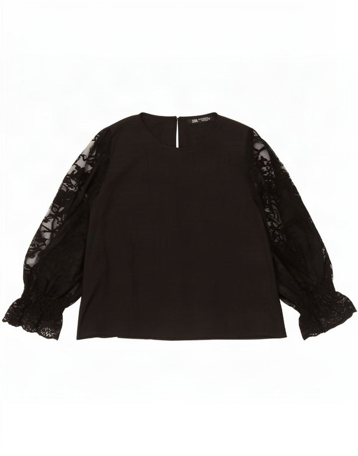 Zara Damen Langarm-Blusenoberteil UK 14 Mittelschwarzes Polyester
