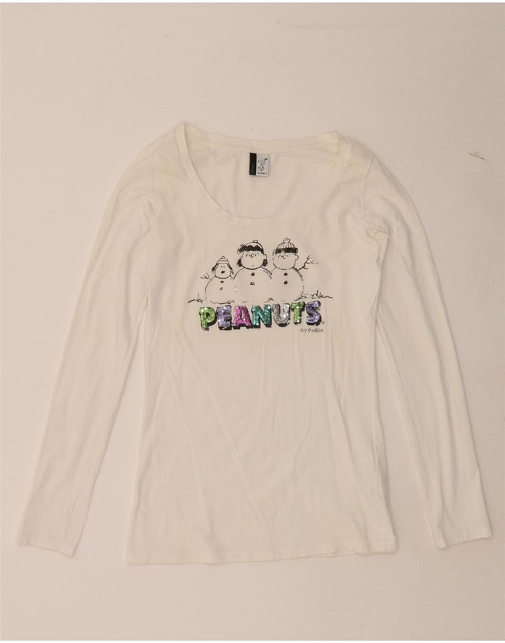 BENETTON Womens Peanuts Graphic Top Long Sleeve UK 10 Small White Cotton Vintage Benetton and Second-Hand Benetton from Messina Hembry 