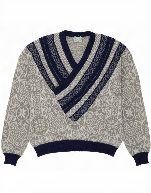 Benetton Damen-Pullover mit V-Ausschnitt, Gr. 18, XL, grau, geometrisch