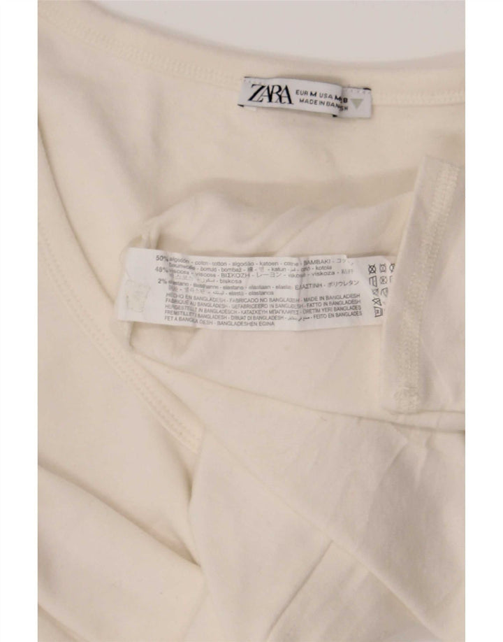 Zara Damen Crop Top Langarm UK 12 Mittelweiße Baumwolle
