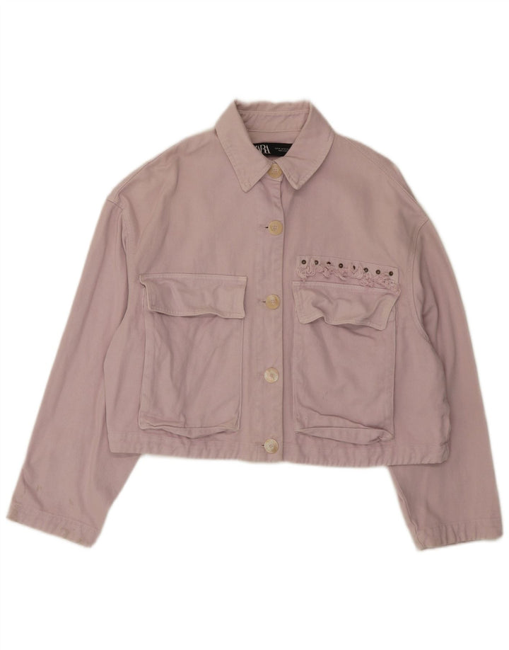 Zara Damen übergroße Crop-Jeansjacke UK 6 XS rosa Baumwolle