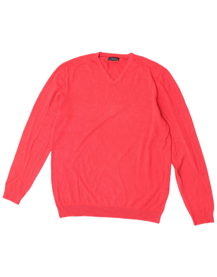 Zara Herren-Pullover mit V-Ausschnitt, groß, rote Viskose