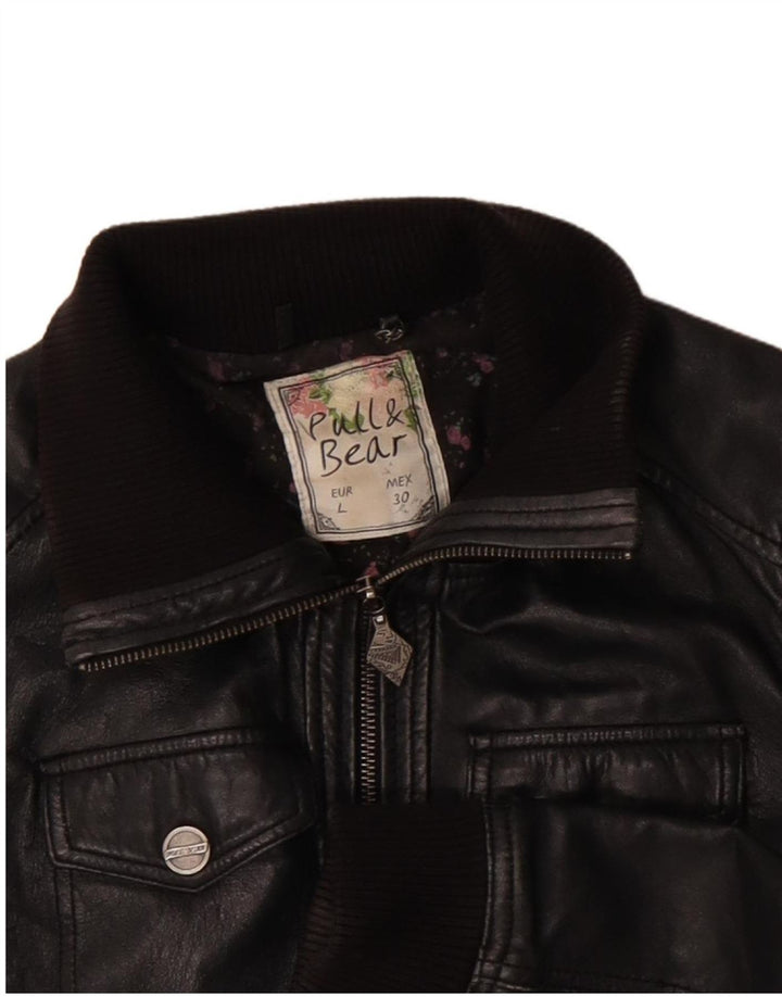 Pull & Bear Damen Lederjacke UK 14 Großes schwarzes Leder