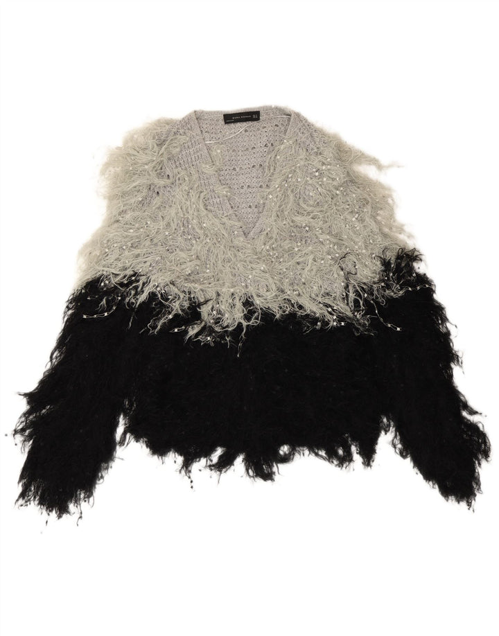 Übergroßer Damen-Pullover mit V-Ausschnitt von Zara, Gr. 14, Mittelschwarz, Farbblock