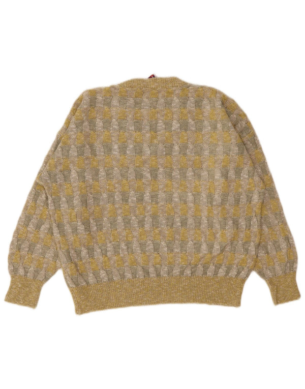 Vintage Damen V-Ausschnitt Pullover Pullover UK 18 XL Gelbes geometrisches Leinen