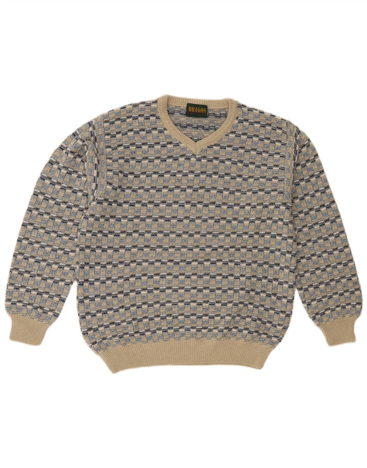 Vintage Herren Pullover mit V-Ausschnitt IT 48 Mittelbeige geometrische Baumwolle