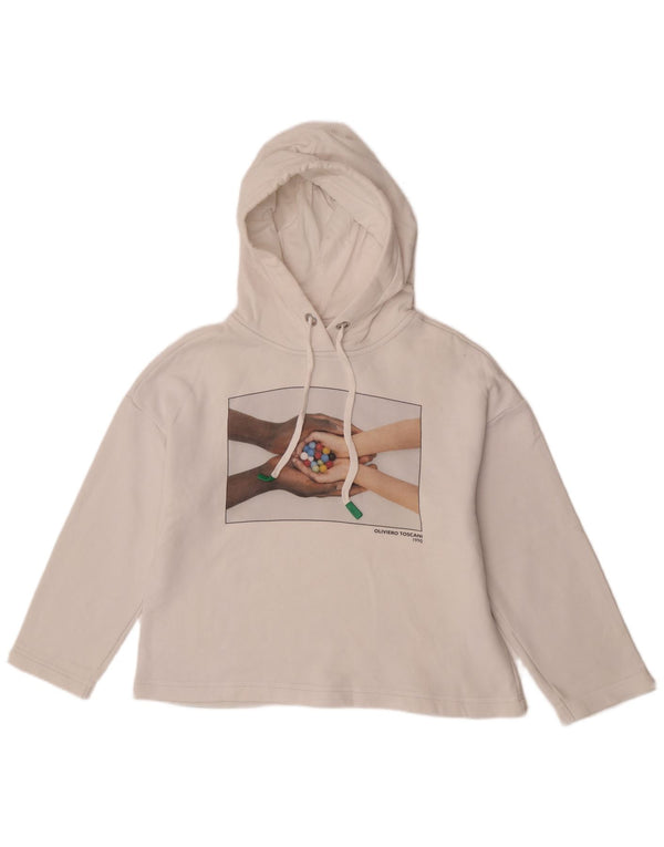 Benetton Womens Graphic Oversized Hoodie Pullover UK 10 Small Weiße Baumwolle