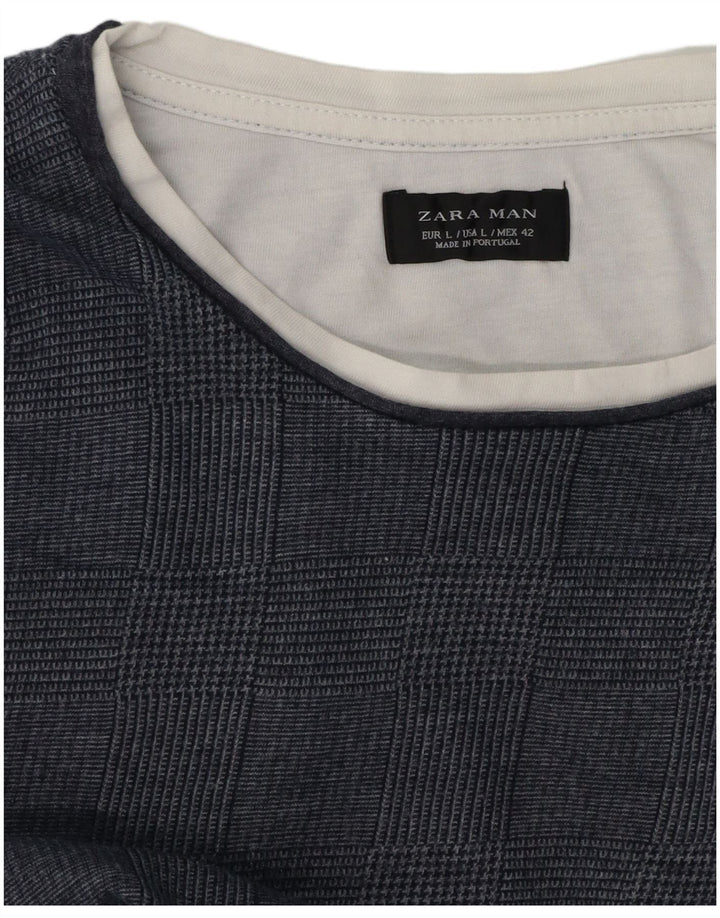 Zara Herren-Oberteil, langärmelig, groß, marineblau mit Hahnentrittmuster