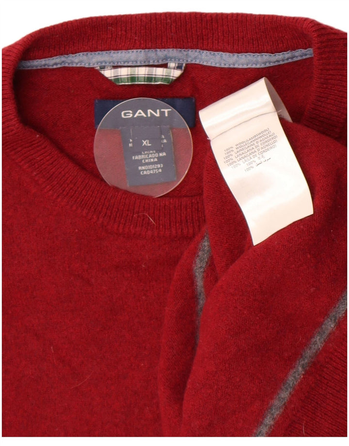 Gant Herren-Pullover mit Rundhalsausschnitt, XL, rot gestreifte Lammwolle