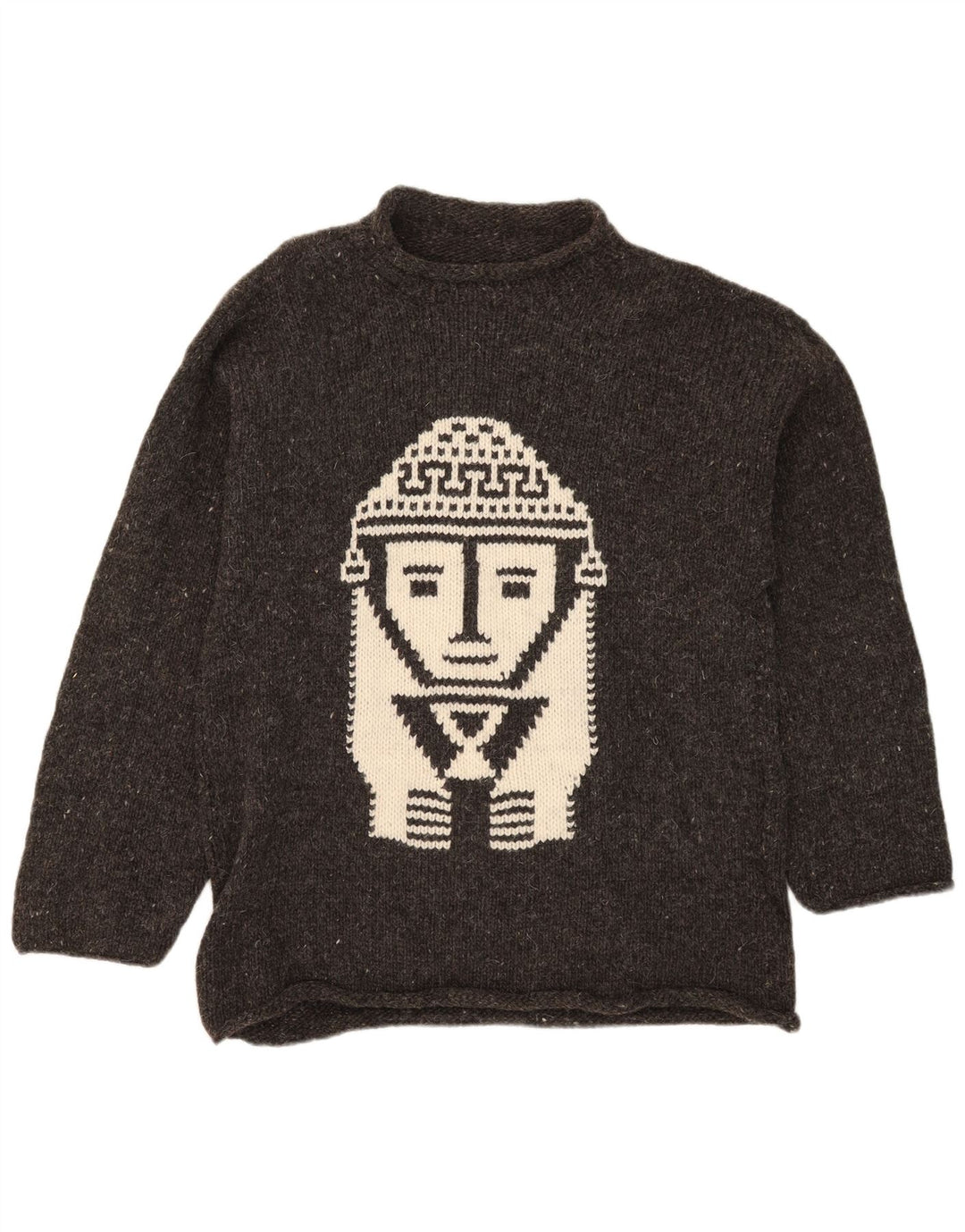 Vintage Herren Rollkragenpullover mit grafischem Rollkragen, mittelgrau meliert, Aztekenmuster