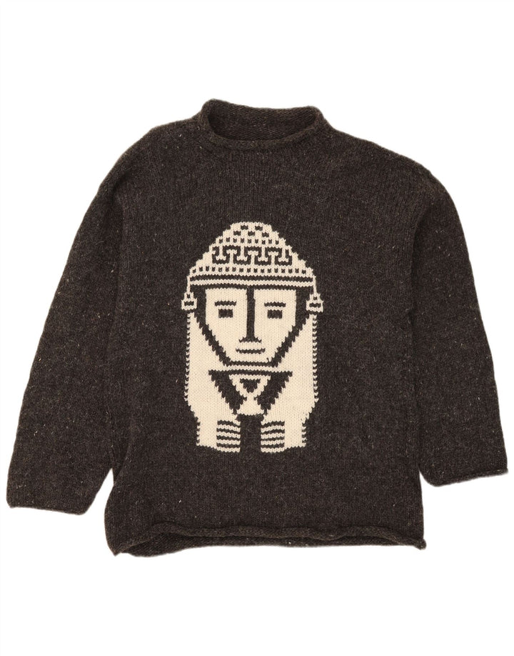 Vintage Herren Rollkragenpullover mit grafischem Rollkragen, mittelgrau meliert, Aztekenmuster