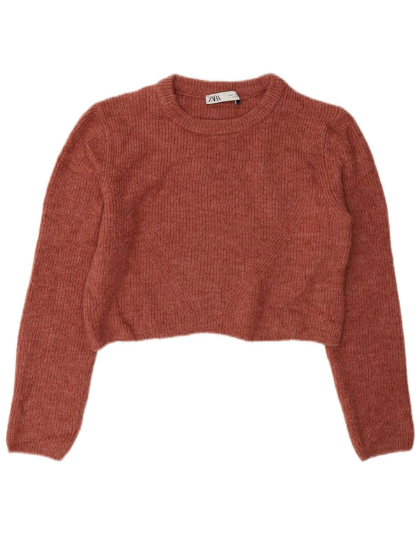 Zara Damen Crop Crew Neck Pullover Pullover UK 12 Mittelbraun Acryl