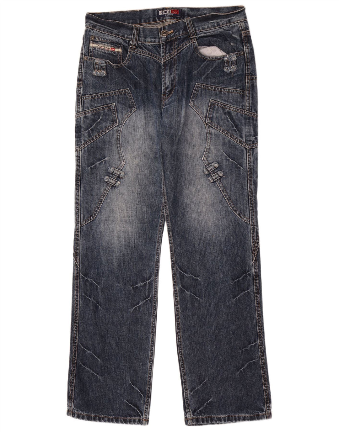 Vintage Herren Straight Jeans W32 L32 Blau Patchwork Baumwolle