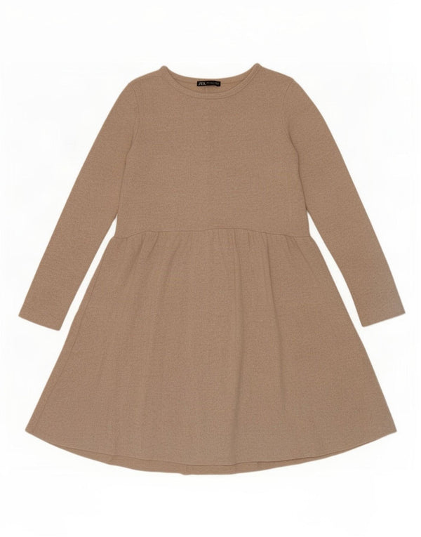 Zara Damen Langarm-Pulloverkleid UK 10 Small Beige gesprenkeltes Polyester