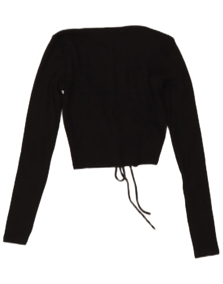 Zara Damen Crop Front Tie Top Langarm UK 12 Medium Schwarz Baumwolle