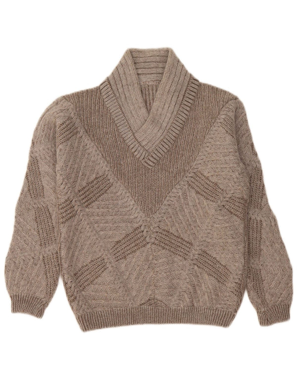 Vintage Damen V-Ausschnitt Pullover Pullover UK 14 Mittelgrau Geometrisch