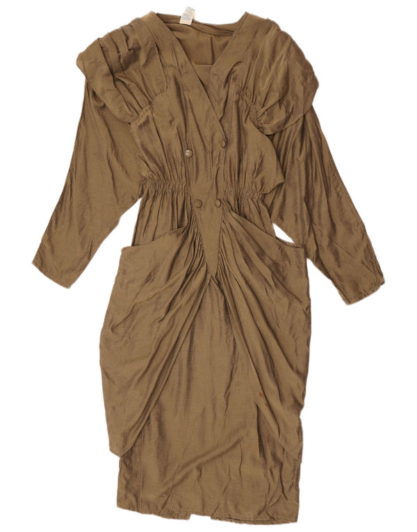 Vintage Damen Langarm-Etuikleid UK 12 Medium Khaki Viskose