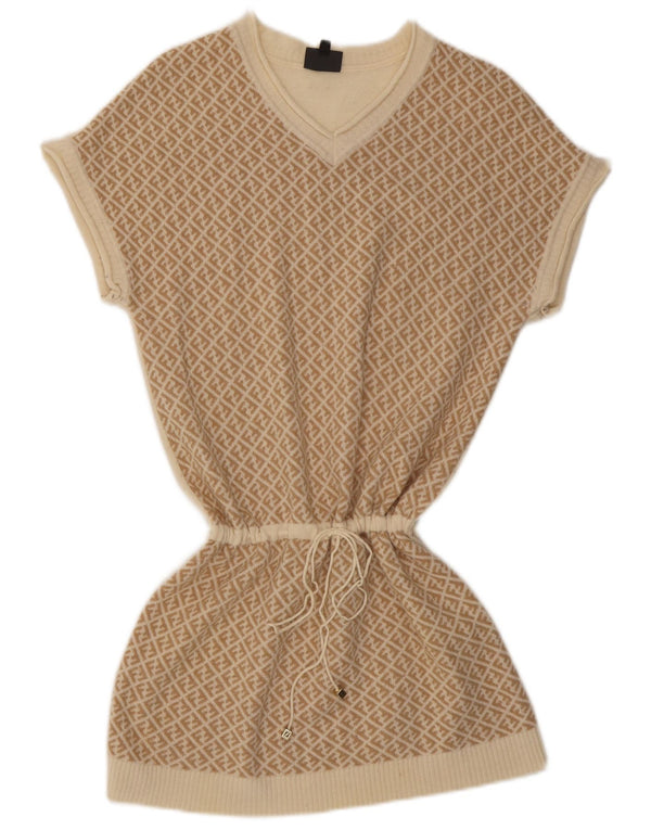 Fendi Kurzarm-Pulloverkleid für Mädchen, 9–10 Jahre, beige, geometrische Wolle