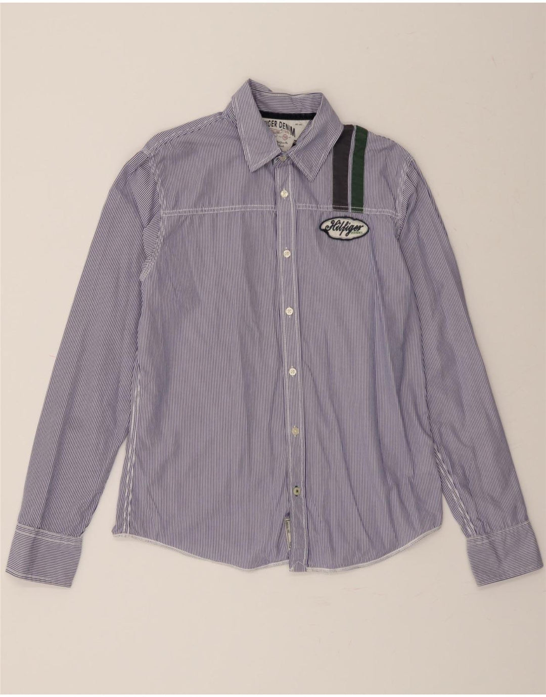TOMMY HILFIGER Mens Graphic Shirt Medium Navy Blue Pinstripe Cotton Vintage Tommy Hilfiger and Second-Hand Tommy Hilfiger from Messina Hembry 