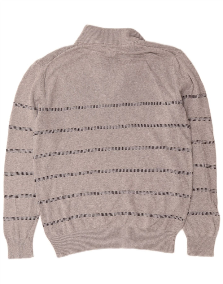Crew Clothing Herren-Pullover mit Reißverschluss am Hals, mittelgrau gestreifte Baumwolle