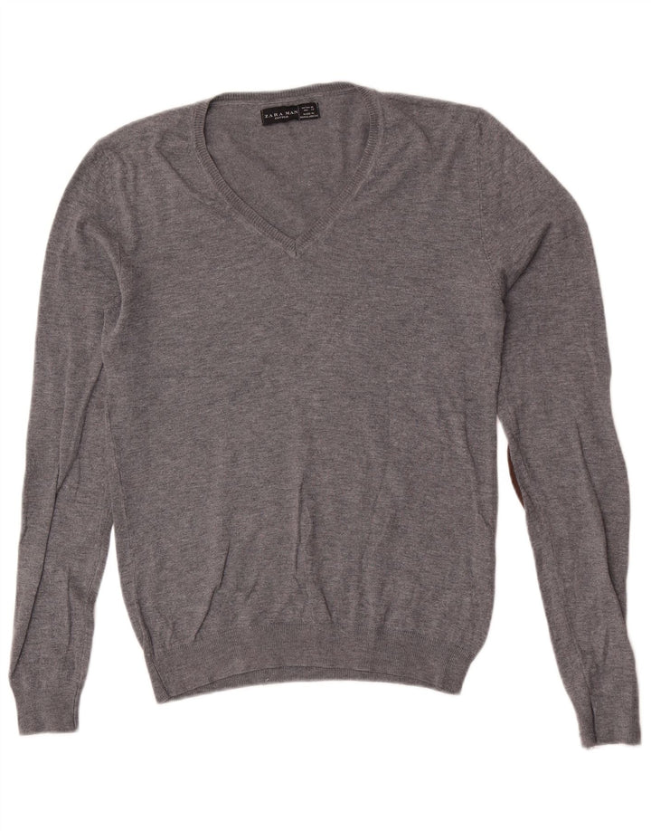 Zara Herren-Pullover mit V-Ausschnitt, mittelgraue Viskose