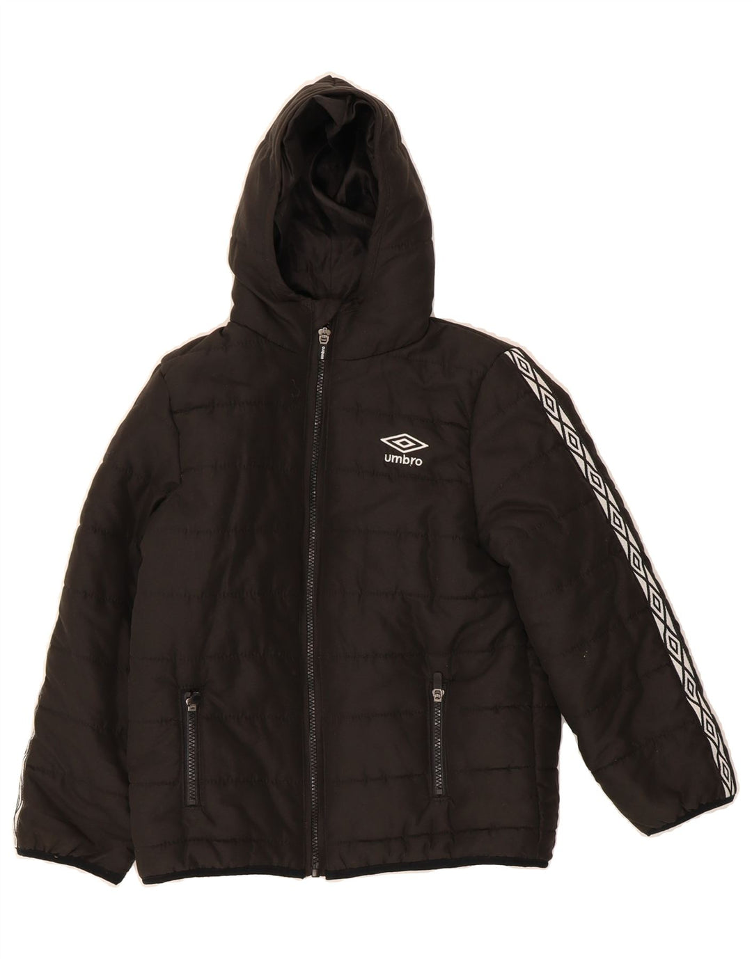 UMBRO Boys Graphic Hooded Padded Jacket 10-11 Years Black Polyester Vintage Umbro and Second-Hand Umbro from Messina Hembry 