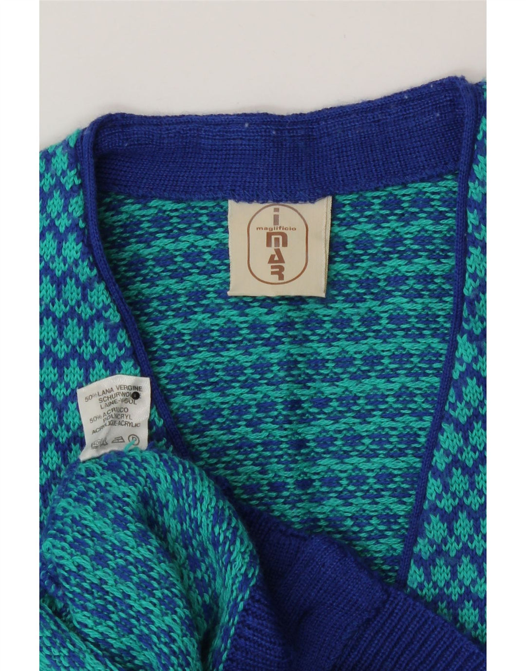 Vintage Damen Cardigan Pullover UK 14 Mittelblaue Hahnentrittwolle