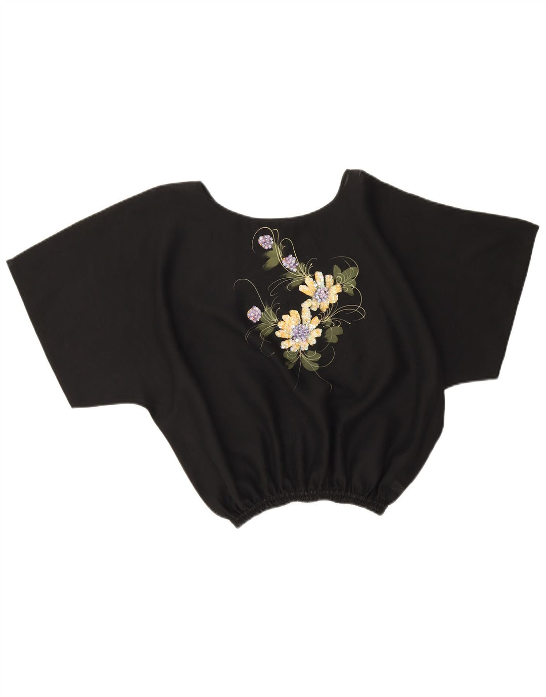 Vintage Damen Crop Bluse Top UK 16 Großes schwarzes Blumenmuster aus Polyester
