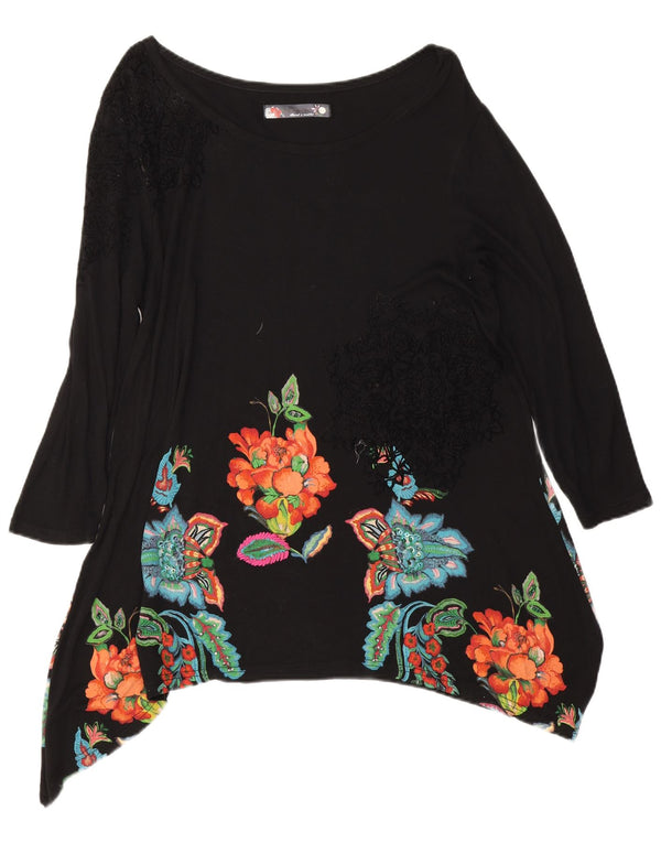 Desigual Damen 3/4-Ärmel Asymmetrisches Tunika-Oberteil UK 18 XL Schwarz geblümt