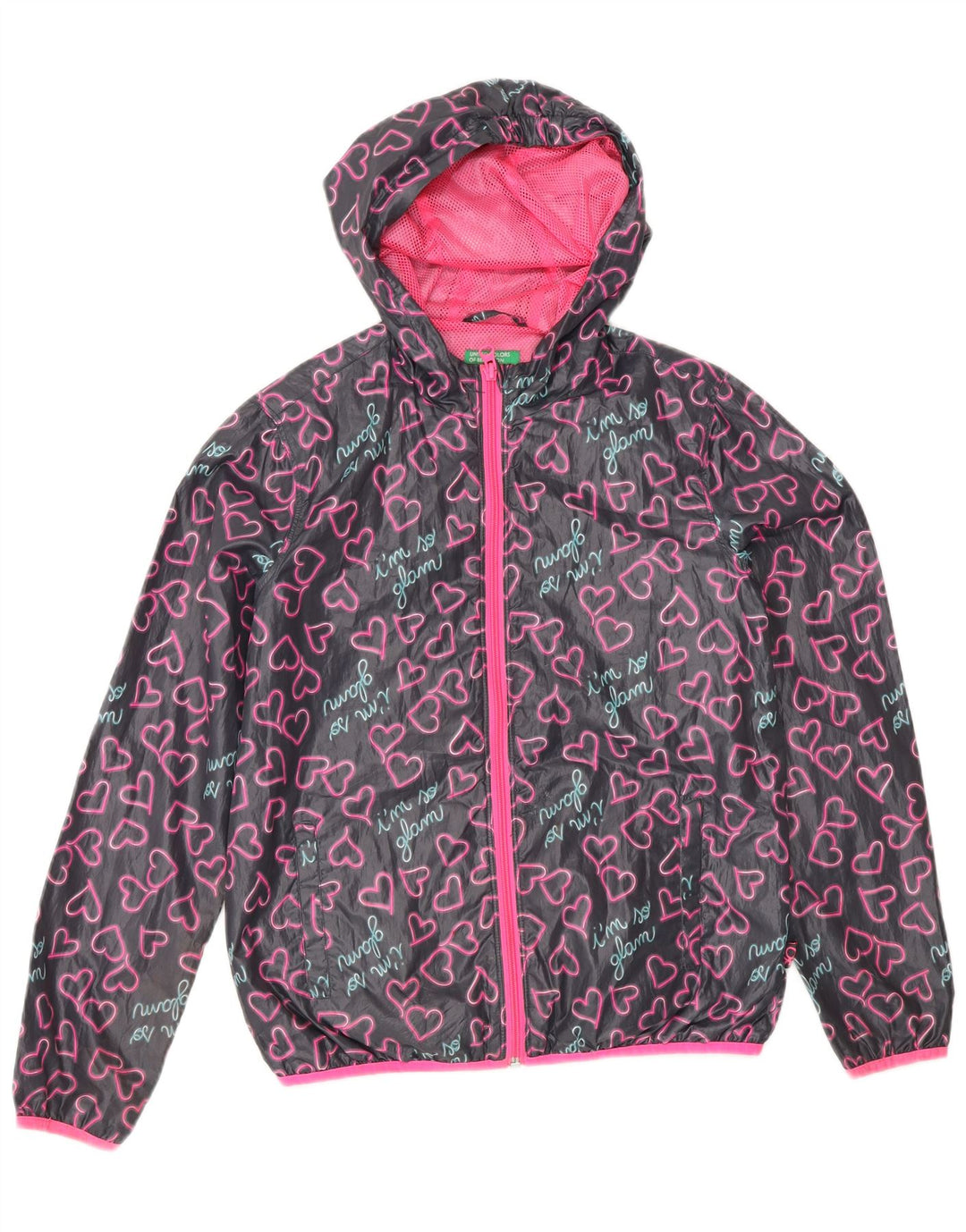 BENETTON Mädchen-Regenjacke mit grafischer Kapuze, 11–12 Jahre, 2XL, graues Herz