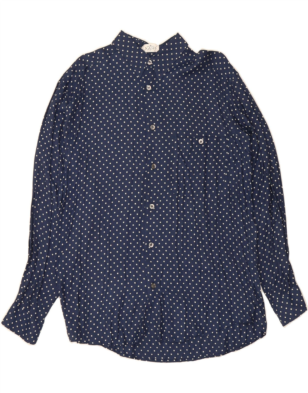XACUS Mens Shirt Large Navy Blue Spotted Rayon Vintage Xacus and Second-Hand Xacus from Messina Hembry 