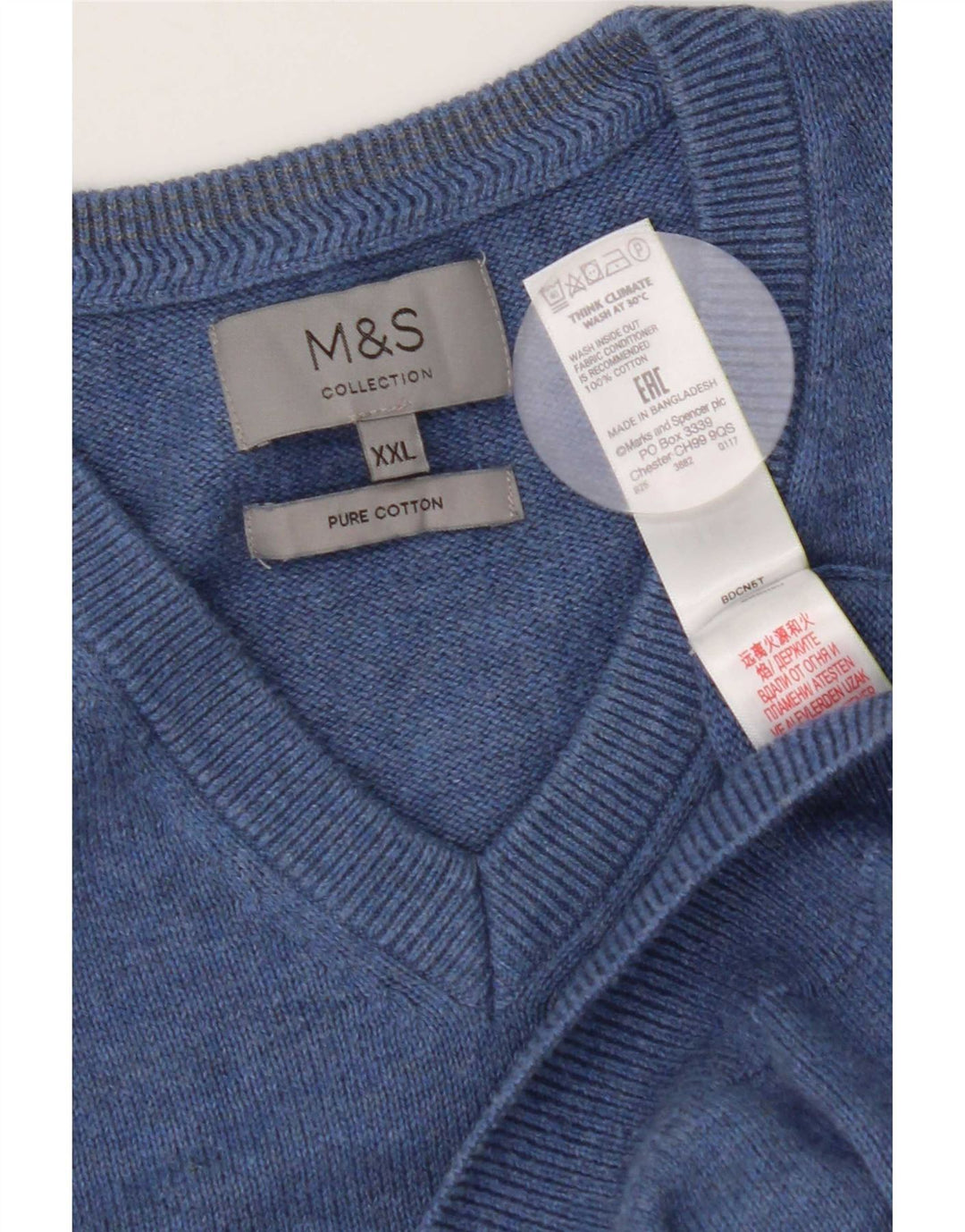 Marks & Spencer Herren-Pullover mit V-Ausschnitt, 2XL, blaue Baumwolle