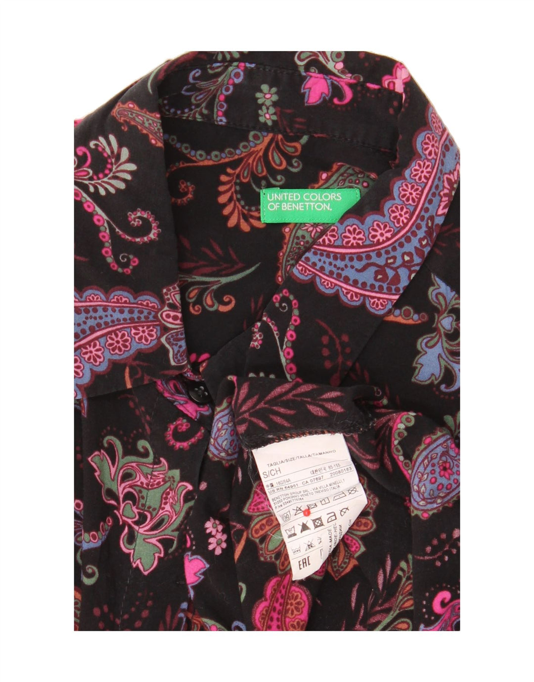 BENETTON Damen-Hemd UK 10 Small Schwarz Paisley Modal