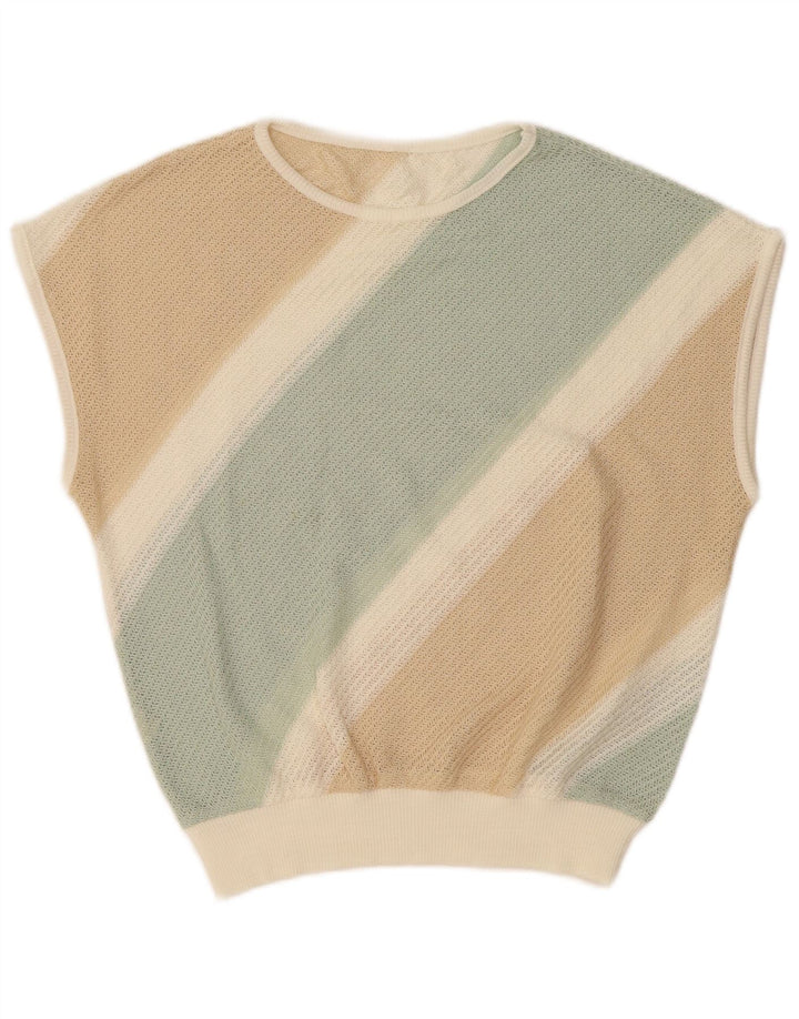 VINTAGE Damen Weste Tank Top UK 16 Groß Beige gestreift