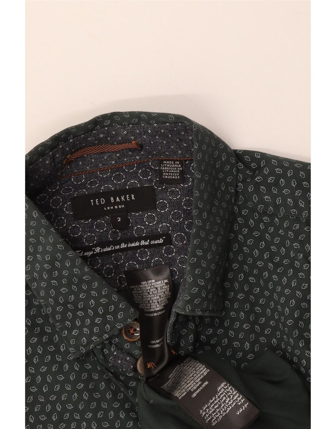 Ted Baker Herrenhemd, Größe 2, klein, grüne, geometrische Baumwolle