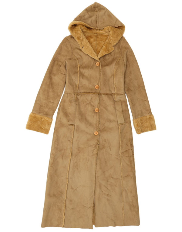Vintage Damen Sherpa Faux Wildleder Mantel UK 10 Small Braun Polyester