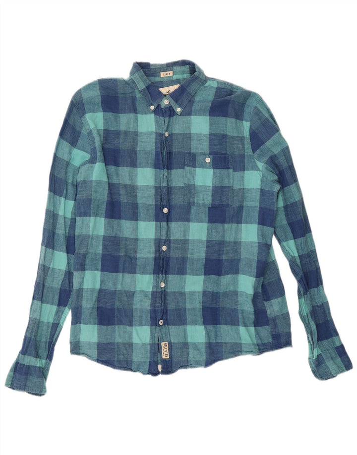 Hollister Herrenhemd XL, blau kariertes Leinen