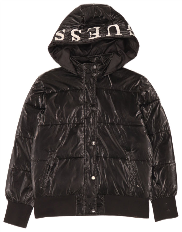 Guess wattierte Mädchenjacke mit Kapuze, 13–14 Jahre, schwarzes Polyurethan