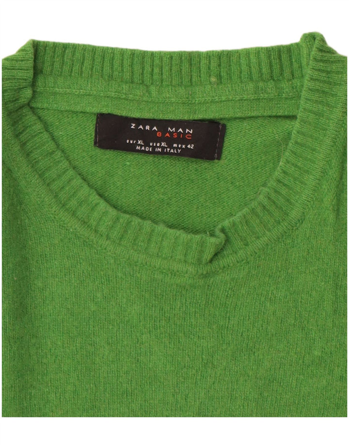 Zara Herren-Pullover mit Rundhalsausschnitt, XL, grüne Wolle