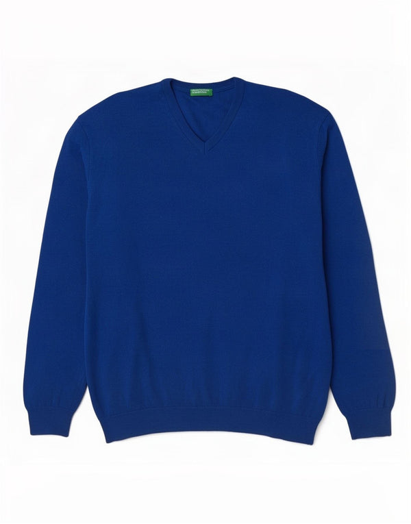 Benetton Herren-Pullover mit V-Ausschnitt, 2XL, blaue Merinowolle