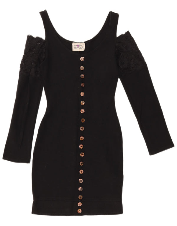 Vintage Damen Langarm Off Shoulder Kleid UK 4 XS Schwarze Viskose