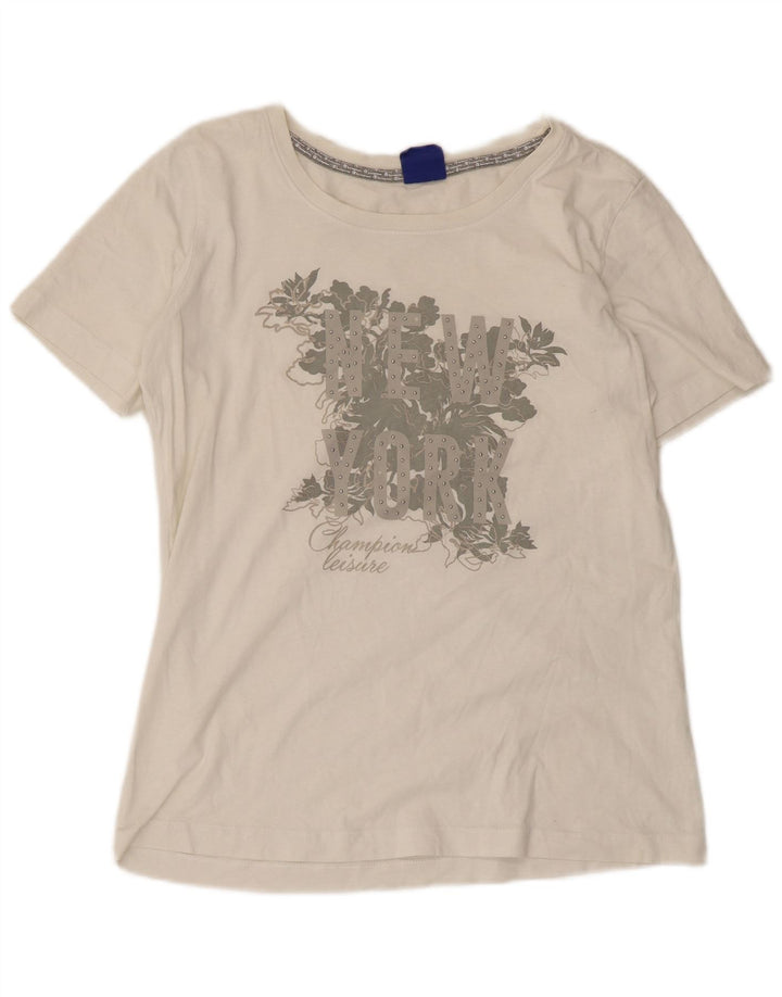 Champion Damen Grafik T-Shirt Top UK 14 Medium Weiß