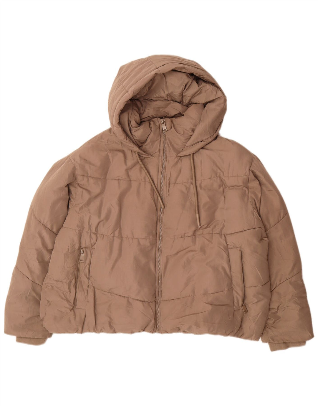 Zara Damen Oversize Crop Hooded Wattierte Jacke UK 20 2XL Beige Polyester