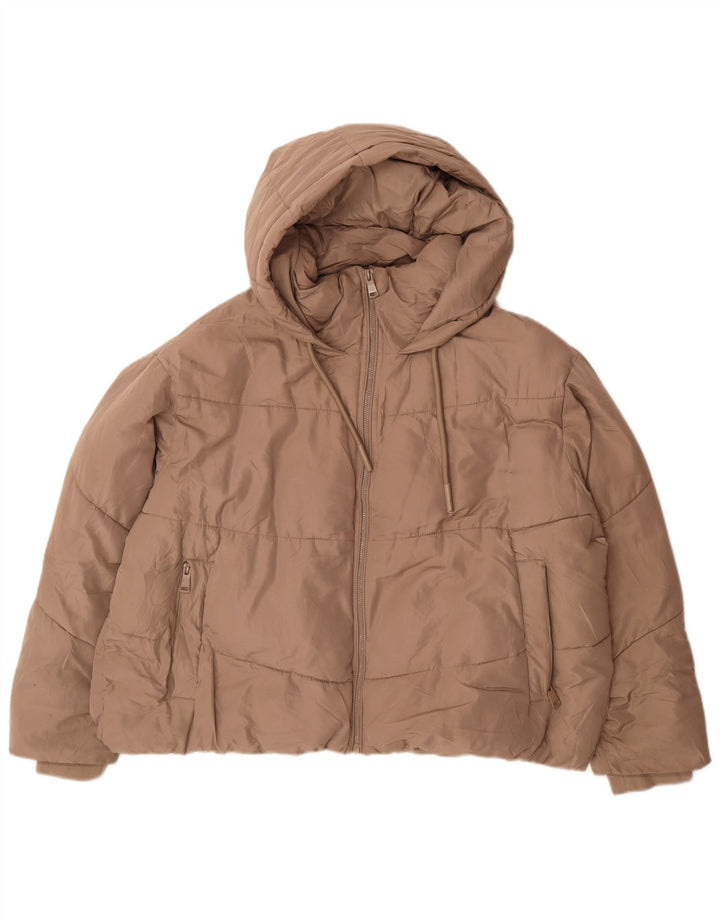 Zara Damen Oversize Crop Hooded Wattierte Jacke UK 20 2XL Beige Polyester