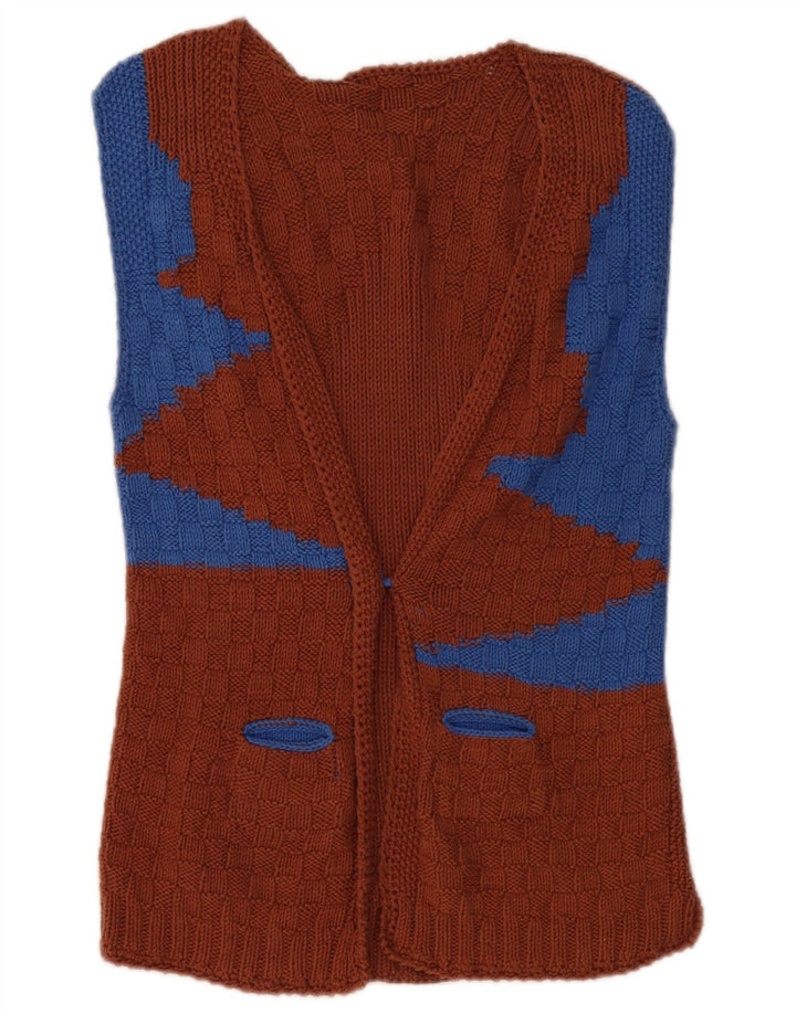 VINTAGE Ärmelloser Damen-Cardigan-Pullover UK 8 Kleiner brauner Farbblock