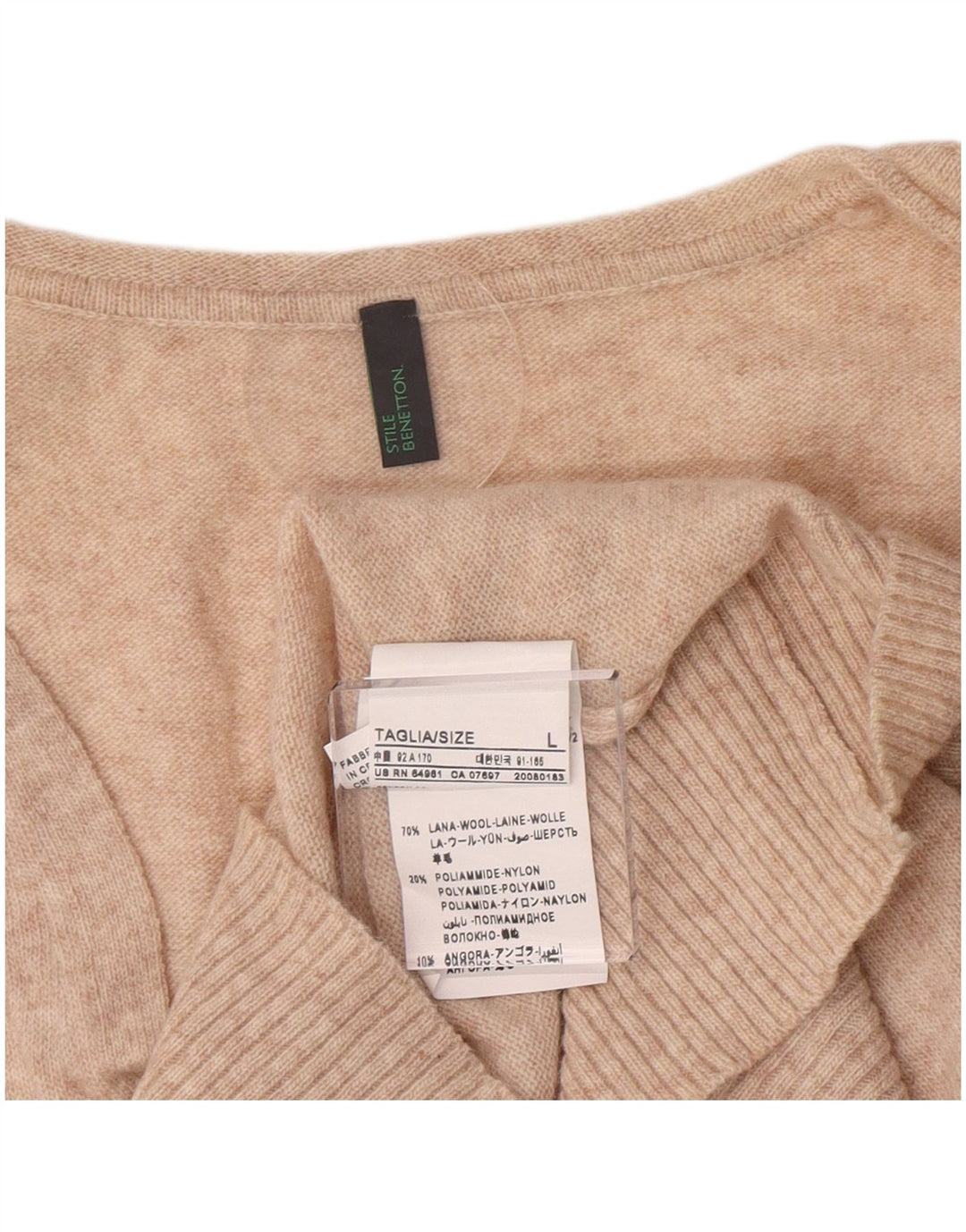 Benetton Damen-Pullover mit V-Ausschnitt, UK 14, Größe L, beige Wolle