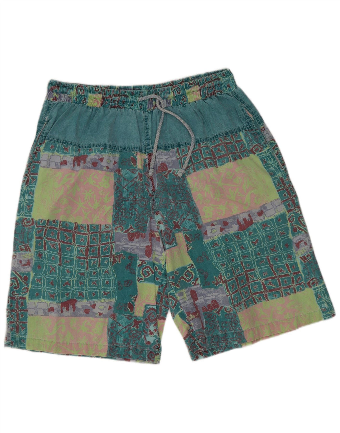 Vintage Herren Grafik Casual Shorts XL W32 Grün Patchwork Baumwolle