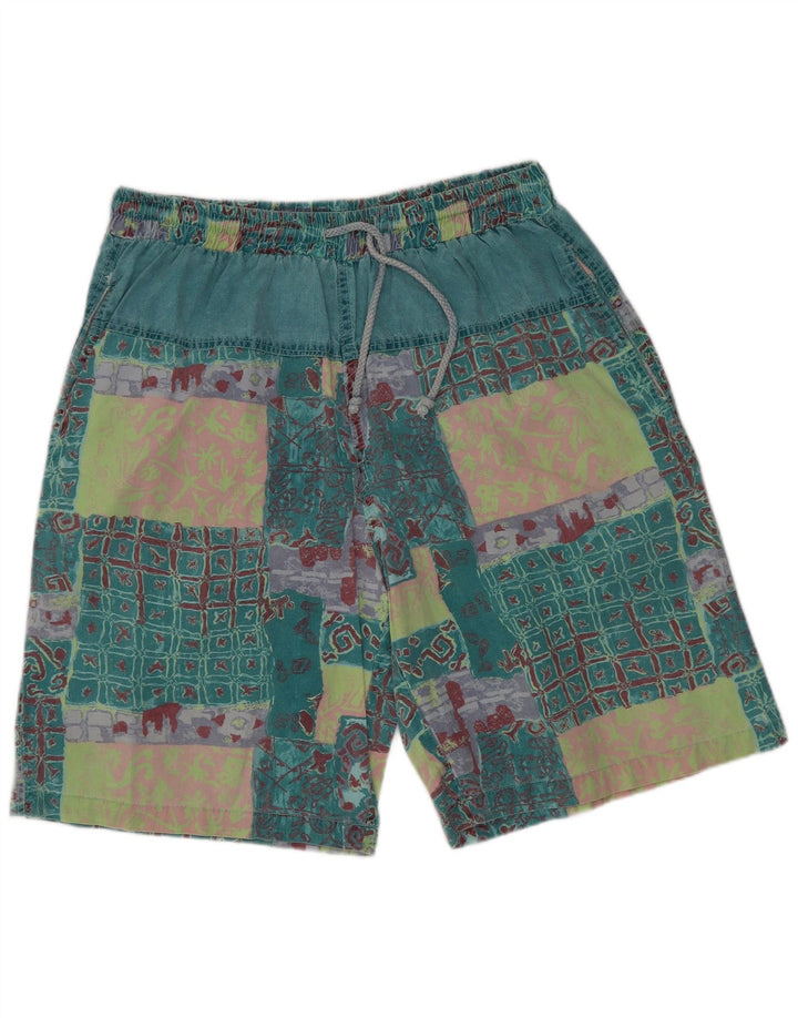 Vintage Herren Grafik Casual Shorts XL W32 Grün Patchwork Baumwolle